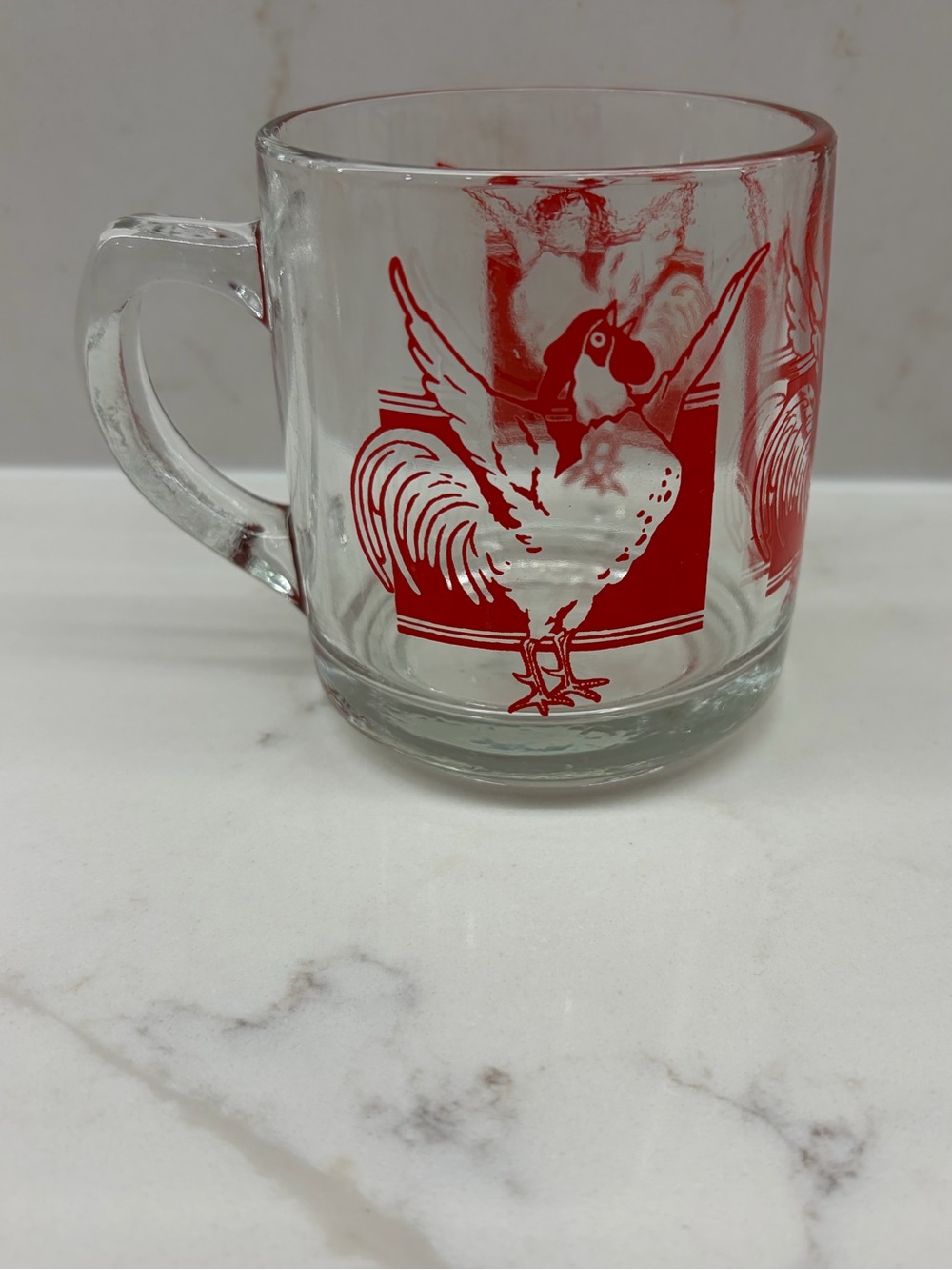 Vintage Red Rooster D Handled Glass Mug Rare Collectible